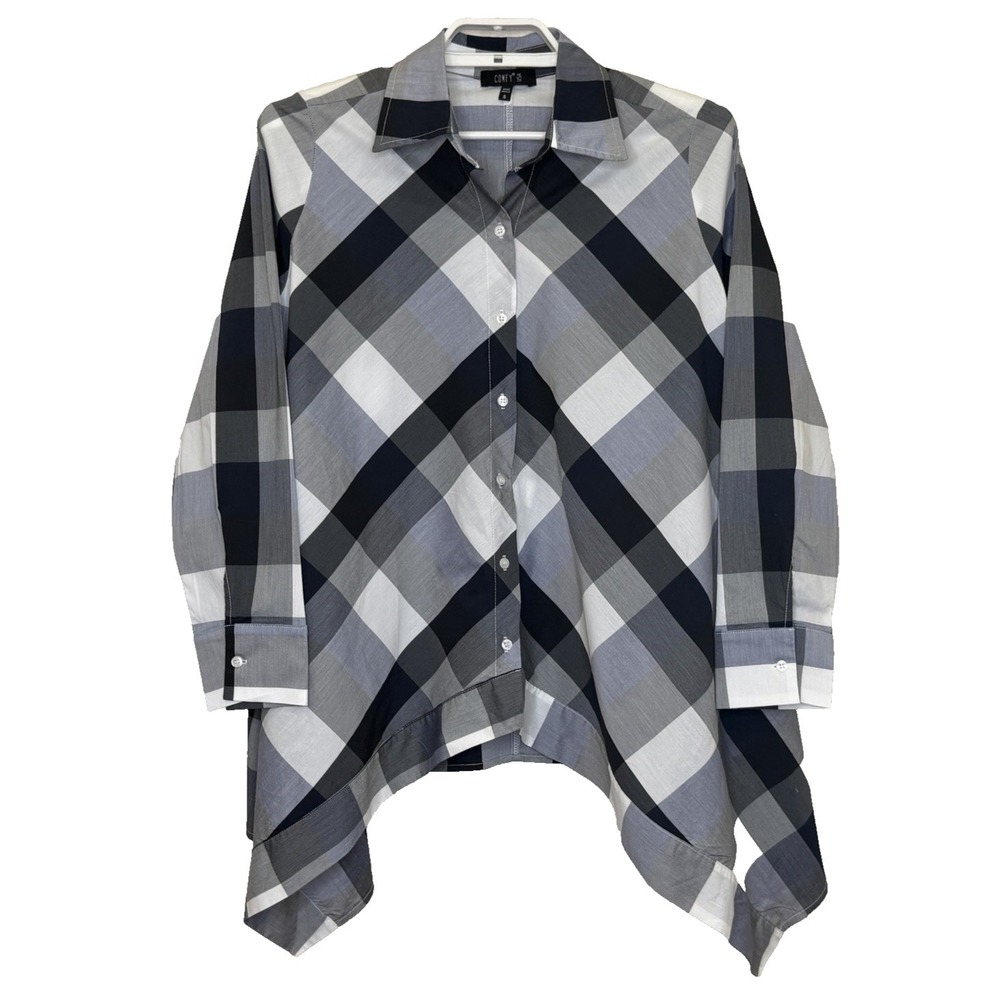 Comfy USA‎ Button Front Top Womens Sz Small Black Buffalo Plaid Shark Bite Hem